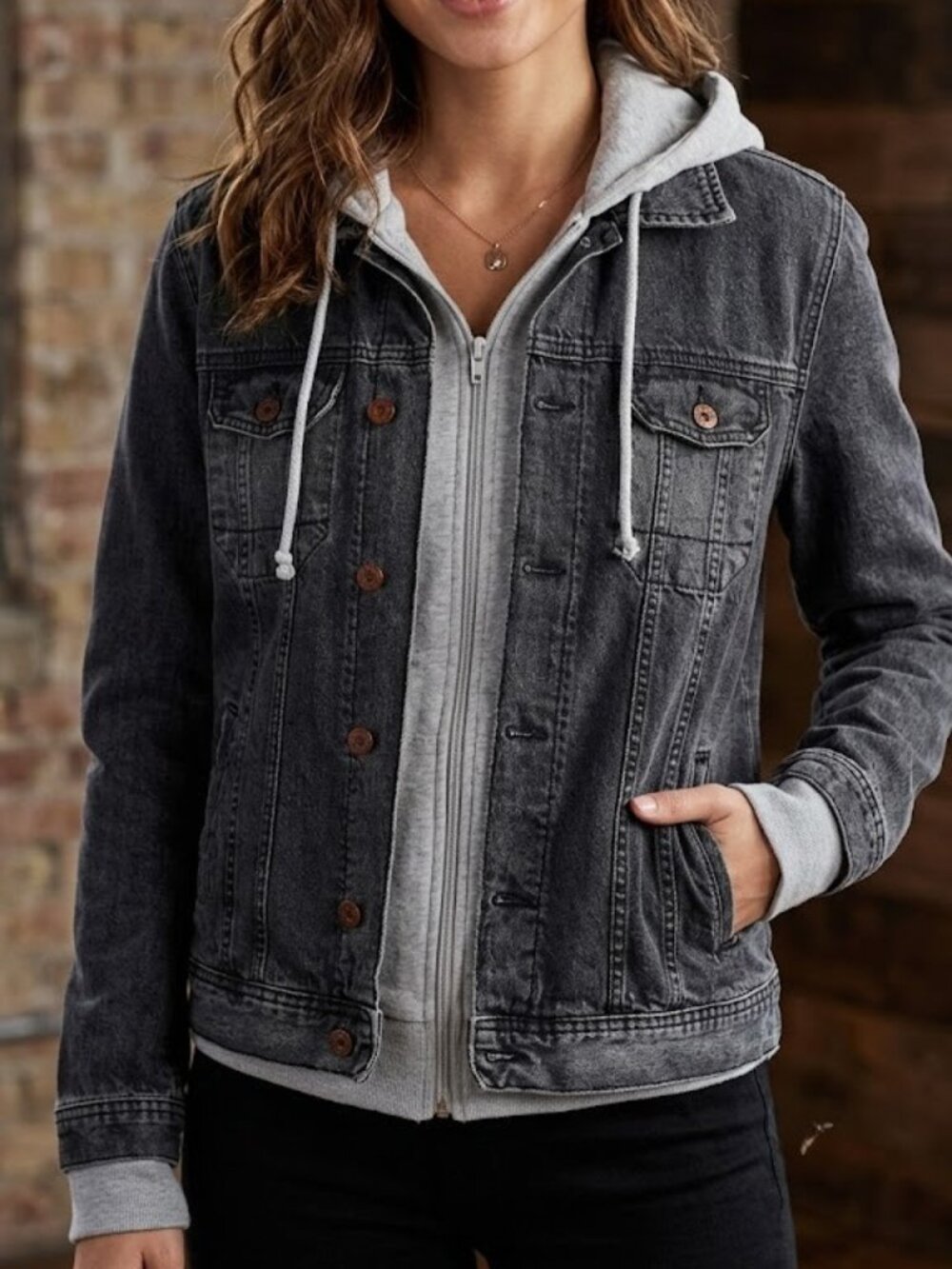 Rockstar Petite 2-in-1 Faux Layered Denim Hoodie Jacket Washed Black Sz LP